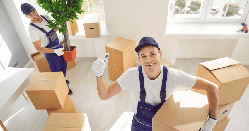 Professional movers packing and loading boxes. 