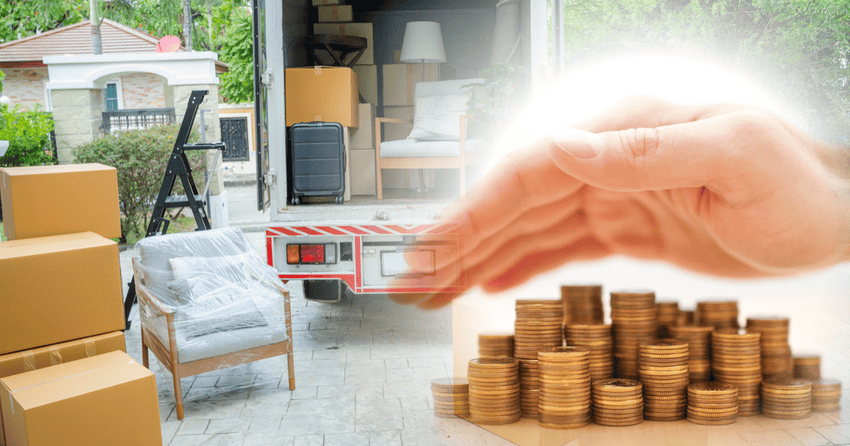 A truck is loaded with luggage and a hand is shown covering money, highlighting the idea of saving money while moving.