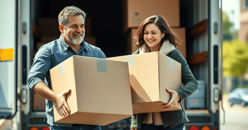 A couple is happily carrying packed boxes for moving. 