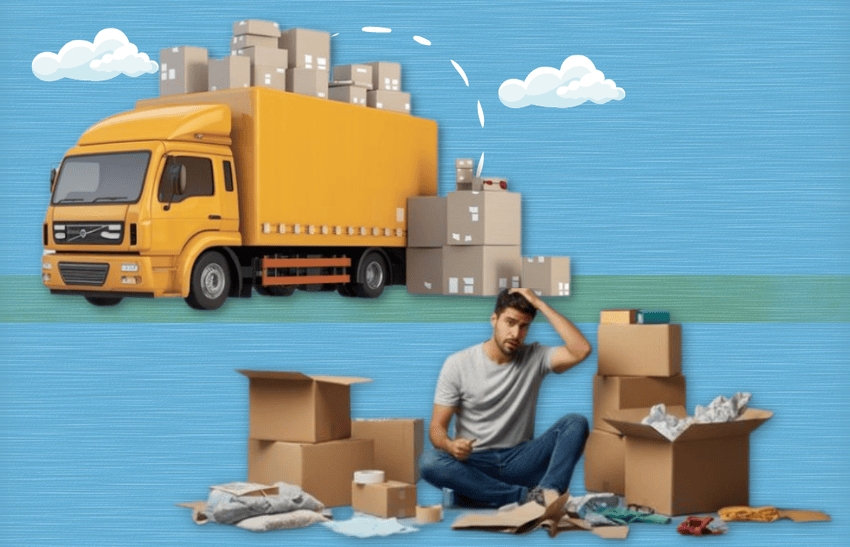 A truck with neatly packed boxes showcasing work of full-service movers in Ontario, and on the other hand there is a man trying to pack stuff on his own.