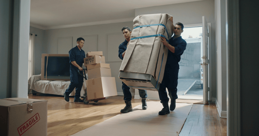 Professional movers carefully packing huge items
