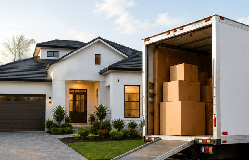 A moving truck loaded with boxes parked in front of a home, showing moving to St. Thomas Ontario.