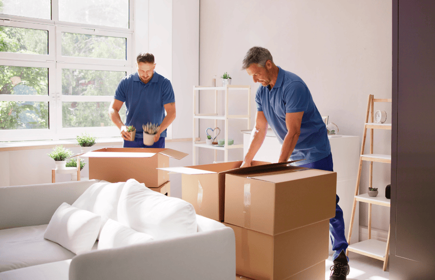 Apartment movers in London Ontario packing household belongings into boxes.