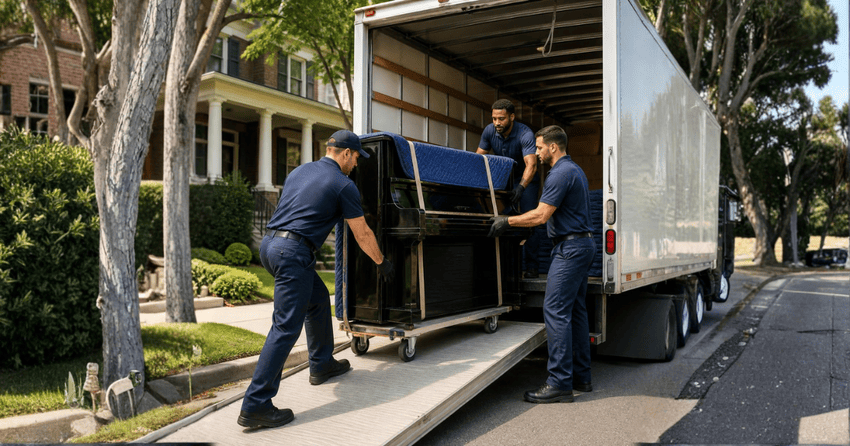 Professional piano movers loading a protected piano into a moving truck.