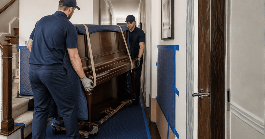 Professional movers carefully moving an upright piano through a narrow hallway.