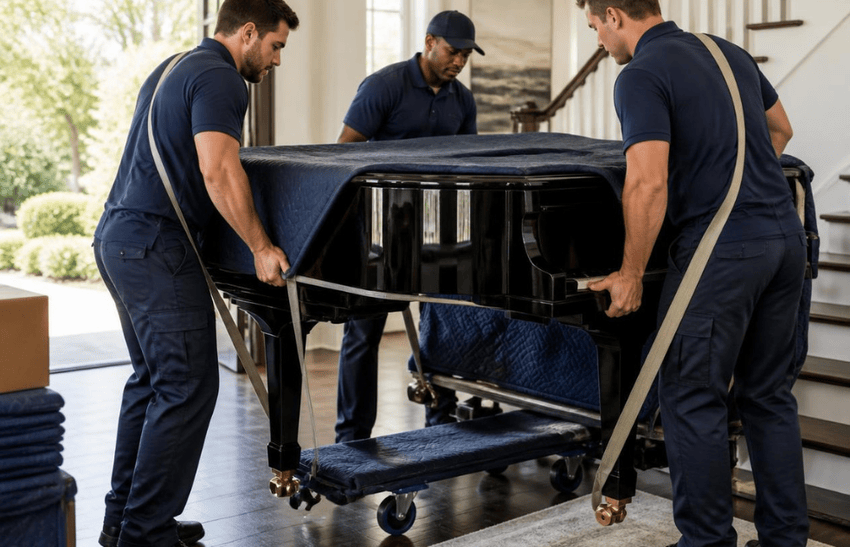 Professional piano movers in London Ontario safely moving a grand piano with protective blankets and straps.